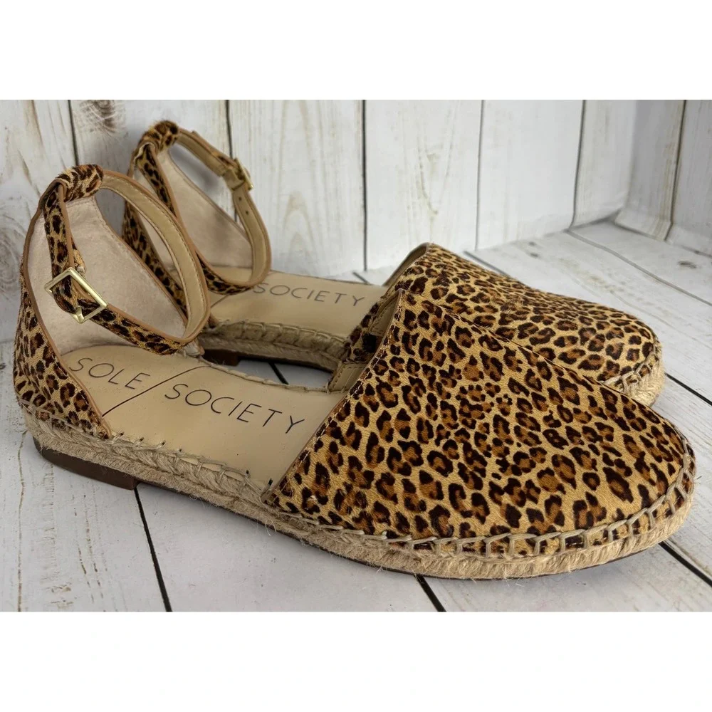 Sole Society Leopard Print Espadrille Flats Ankle‎ Strap Women's 7M